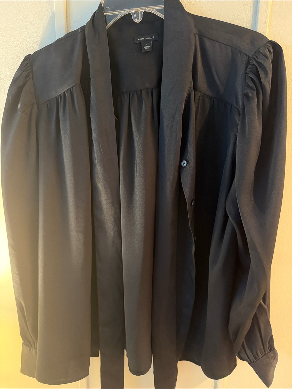 Ann Taylor Black Tie-Neck Long Sleeve Blouse